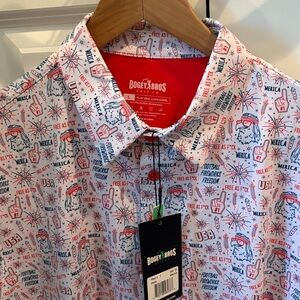 NWT Bogey Bros White Polo with Red & Blue 'Merica Print